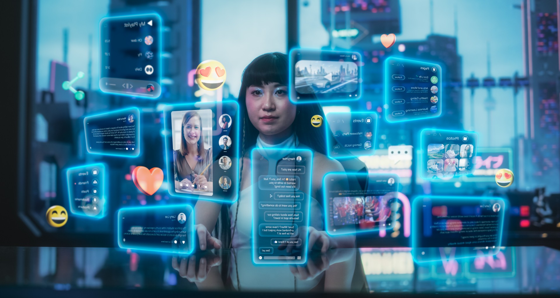 Stylish Japanese Young Woman Interacting with Augmented Reality Platform in a Technologically Advanced Room with Futuristic Cyberpunk City in the Background. She is Checking Social Media